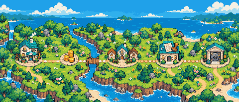 Mapa em pixel art com cinco fases ligadas por um caminho: sessão, cobrança, repasse, convênio e banco.