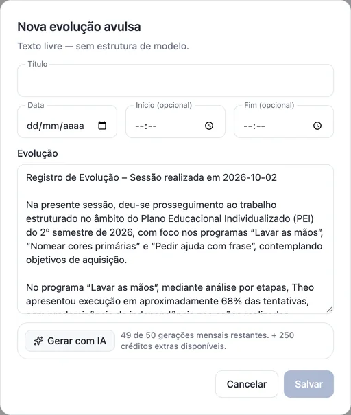 Janela de nova evolução com o rascunho gerado pela IA a partir dos programas do Theo: Lavar as mãos, Nomear cores primárias e Pedir ajuda com frase.